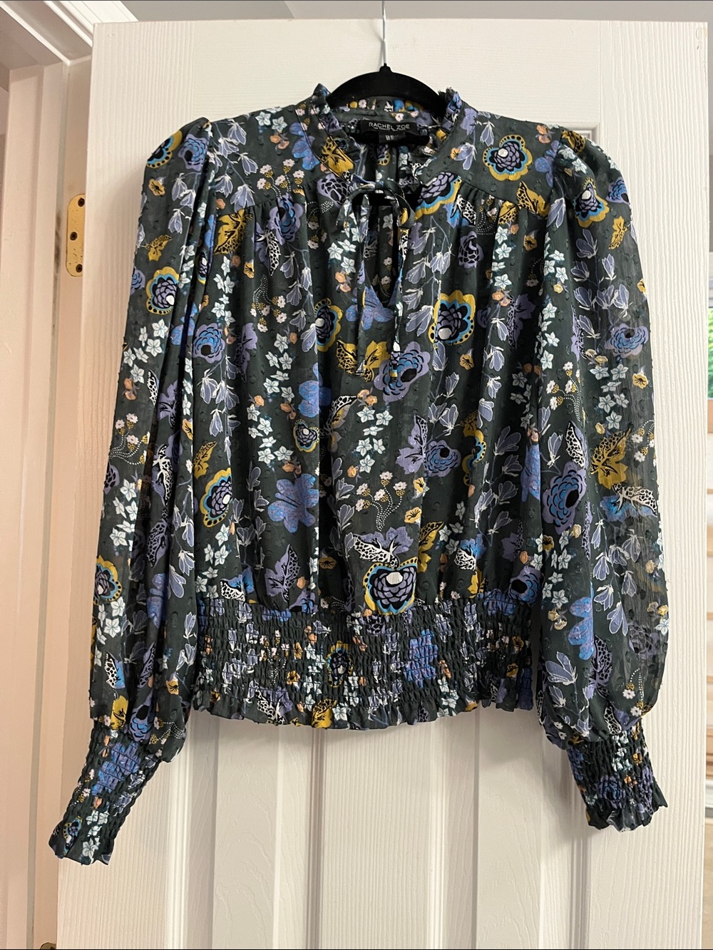 Rachel Zoe Dark Floral Tie-Neck Blouse in Black, Blue & Yellow